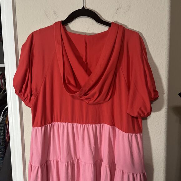 NWT Culture Code Hooded Dress Sz M Babydoll Color Blocked Red Pink Tiered New - Picture 6 of 6